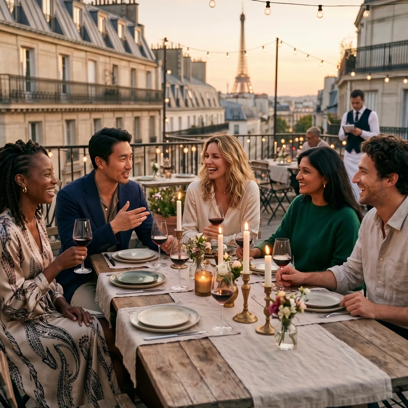 Cinq convives réunis autour d'une table sur une terrasse parisienne